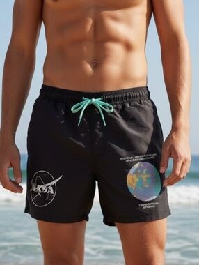 NASA Graphic Black Swim Trunks with Teal Drawcord